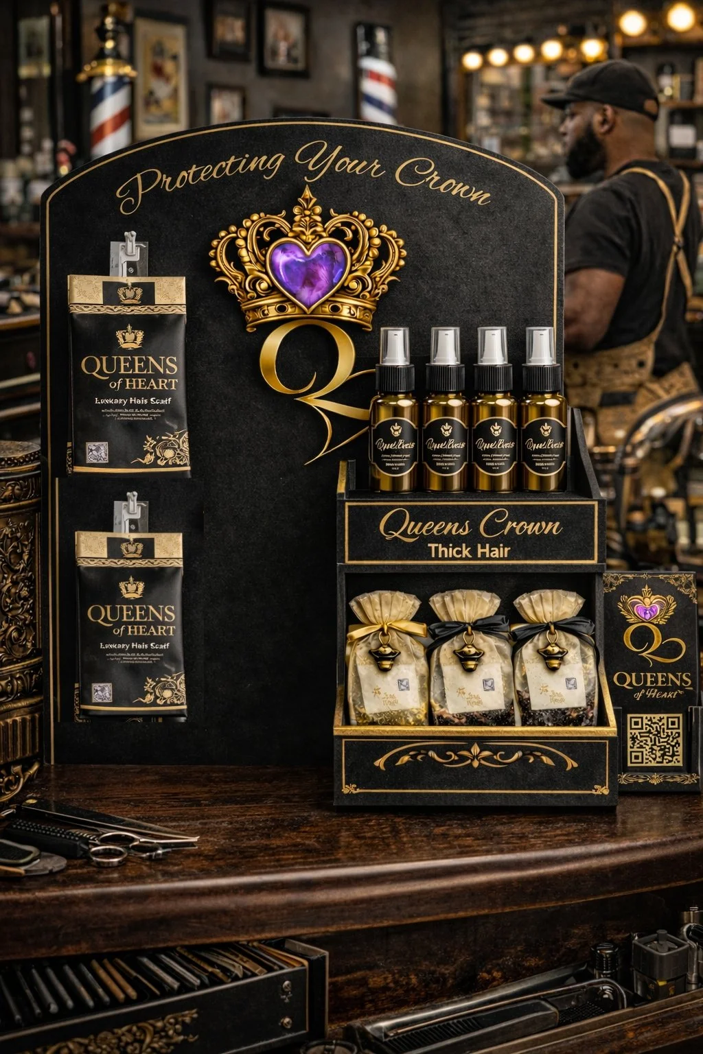 Display of hair care products under the brand Queens of Heart, featuring a crown logo with a purple gemstone, including sachets, sprays, and gift bags, in a barbershop setting.