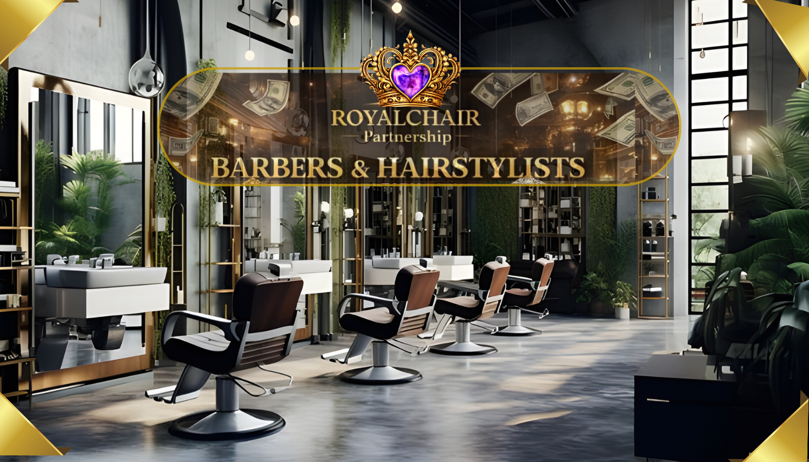 Modern hair salon with barber chairs, mirrors, and greenery. Overlaid text promoting RoyalChair Partnership with barbers and hairstylists.