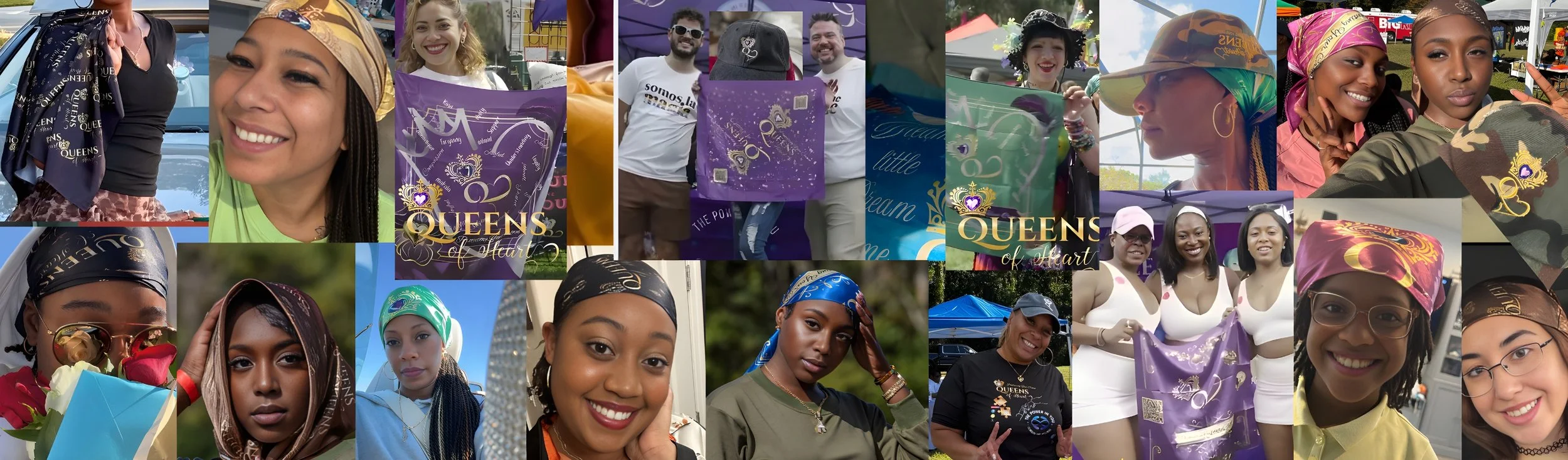 Collage of women at an outdoor event, some wearing colorful bandanas, holding purple banners that say 'Queens of Heart,' smiling, and posing for photos.
