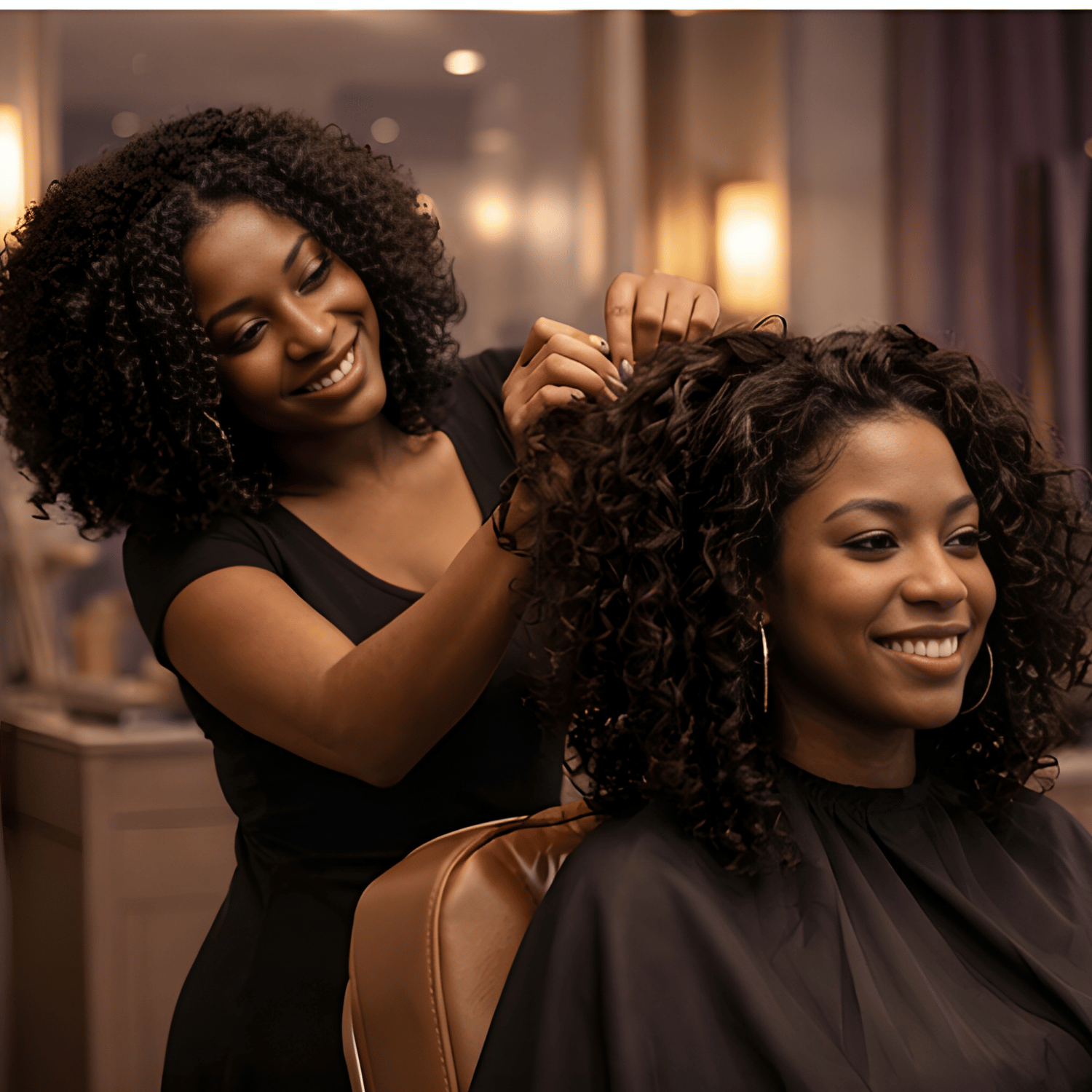 A hairstylist is braiding the hair of a woman sitting in a salon chair, both women are smiling, inside a warmly lit salon.