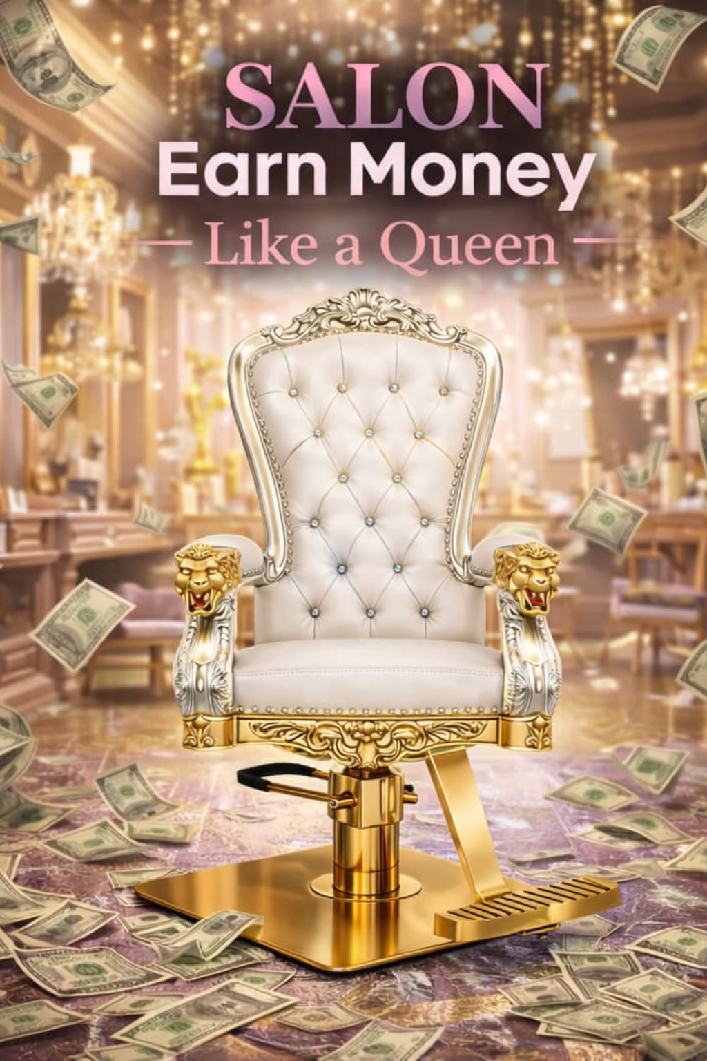 Luxurious salon chair with gold accents, lion head armrests, and a tufted white seat, surrounded by flying hundred-dollar bills, with a blurred opulent salon background and pink text that reads 'SALON Earn Money Like a Queen'.