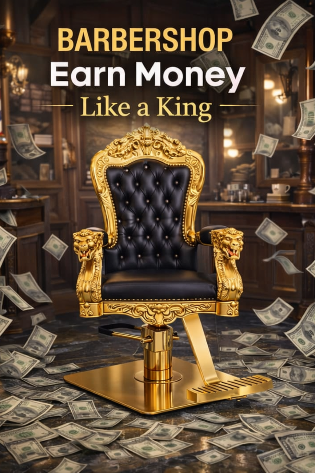 A luxurious black and gold barber shop chair with ornate lion head armrests, surrounded by flying hundred-dollar bills, with wooden shelves and warm lighting in the background. The text on the image reads 'Barbershop Earn Money Like a King'.