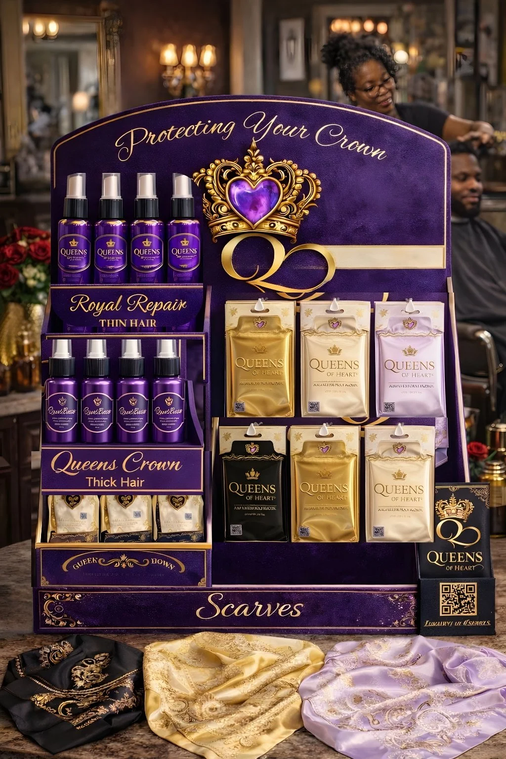 Display stand advertising Queens hair care products, including sprays and scarves, with a purple and gold theme and a crown logo.