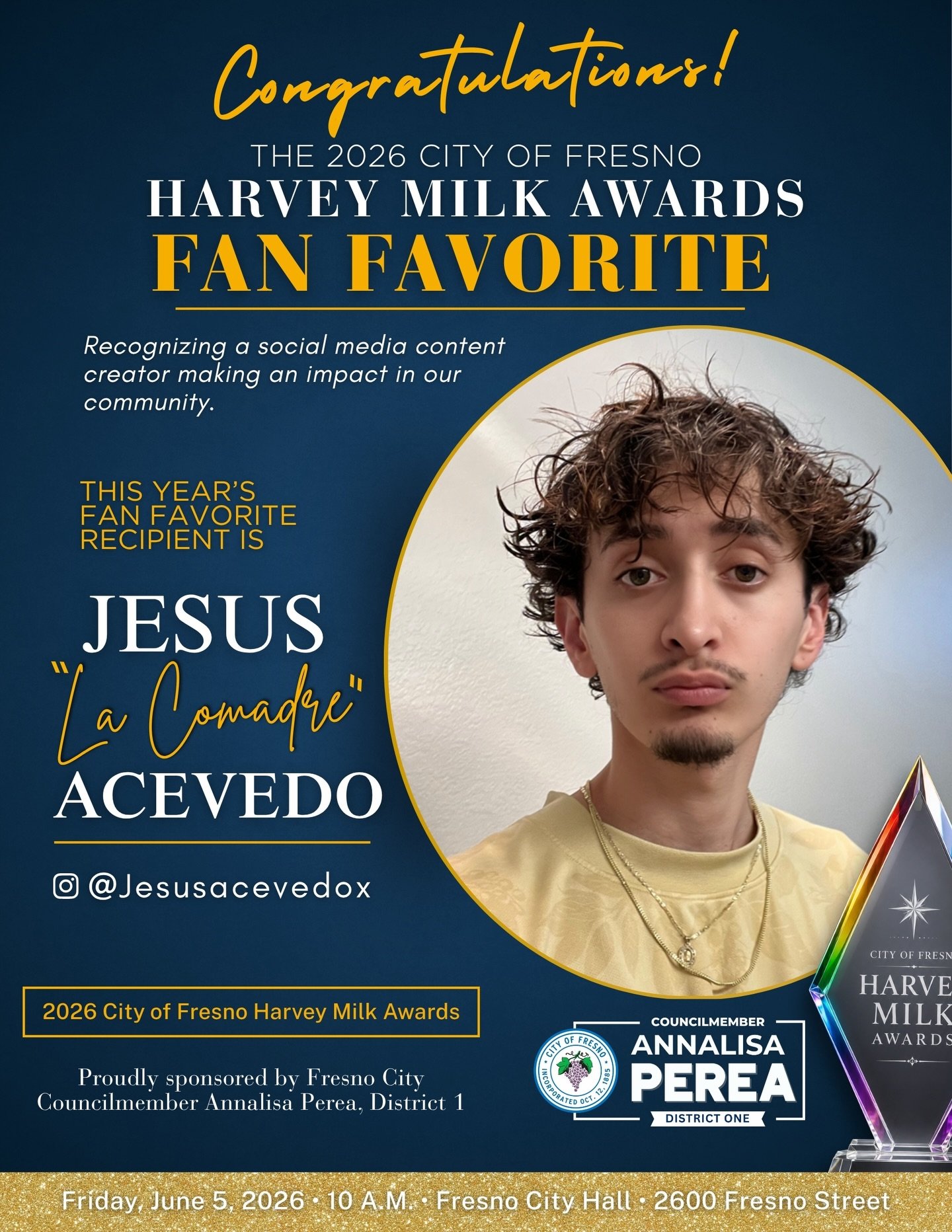 This pride month we want to extend a huge congratulations to our Comadre, Jesus Acevado (@jesusacevedox) ✨💖who&rsquo;s being announced as this year&rsquo;s Fan Favorite Award recipient for The Harvey Milk Awards 🏳️&zwj;🌈.

Jesus La Comadre is a di