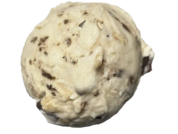 A single scoop of vanilla ice cream with chocolate chips.