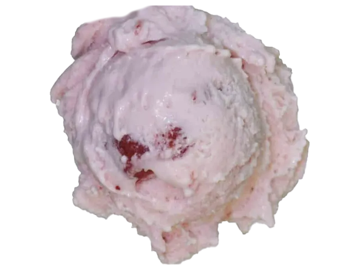 A scoop of strawberry ice cream with visible strawberry pieces.