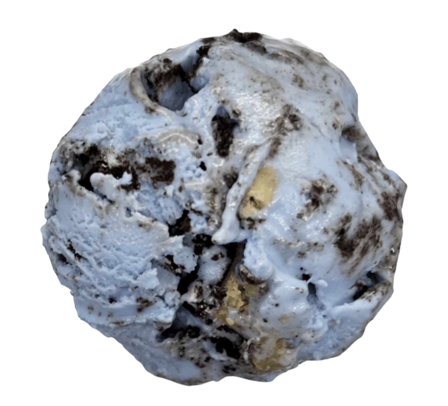 Close-up of a loaded ice cream scoop with chocolate chunks and vanilla ice cream.
