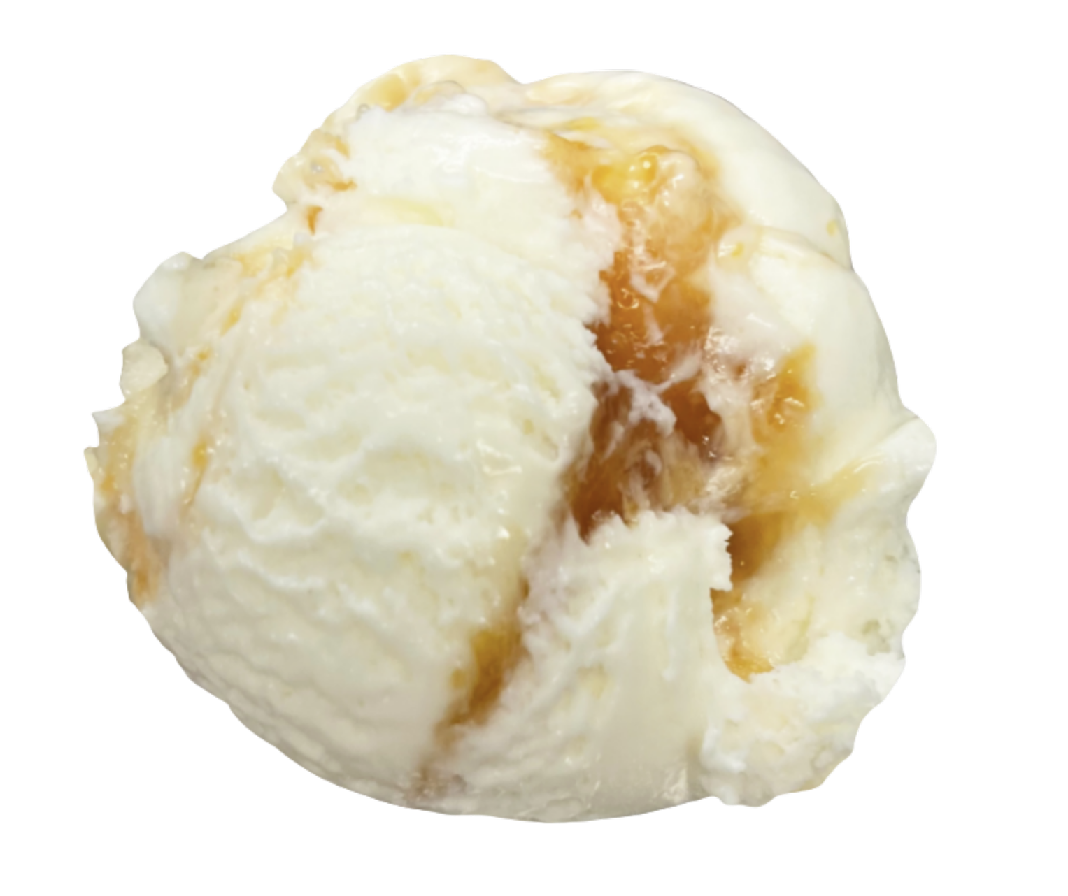 Close-up of a scoop of vanilla ice cream with caramel swirls.