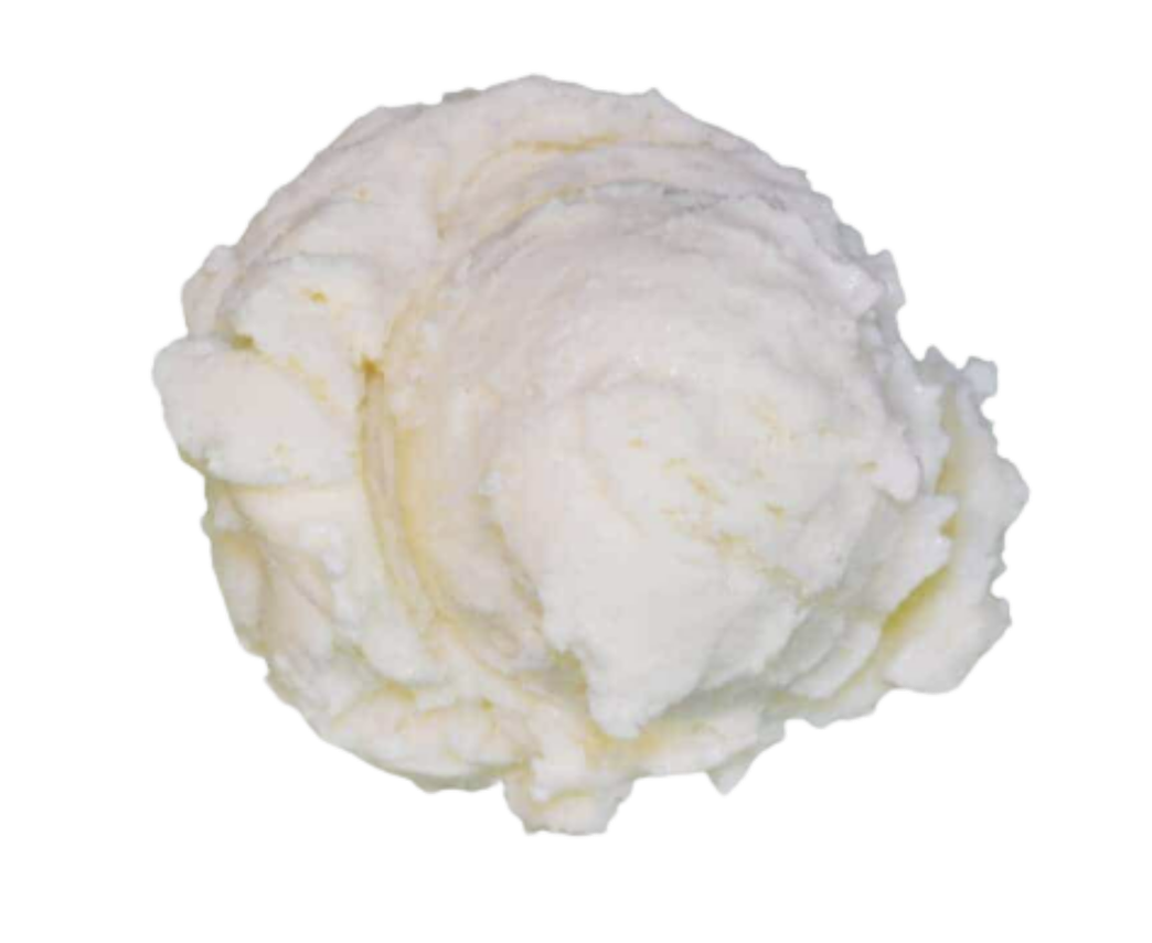 A scoop of vanilla ice cream on a plain background