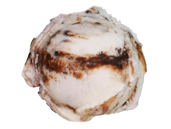 A scoop of vanilla ice cream with chocolate syrup drizzled on top.