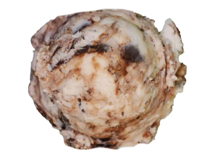 Close-up of a scoop of cookies and cream ice cream with chocolate cookie chunks.