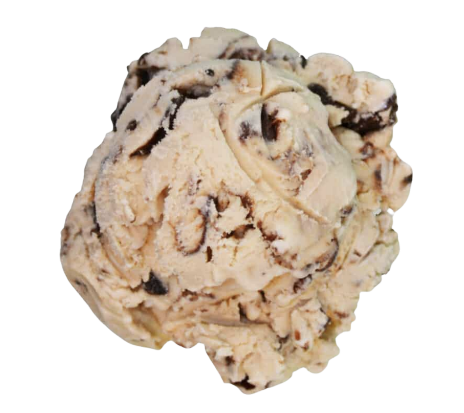 Close-up of a scoop of cookies and cream ice cream with visible chocolate cookie chunks.