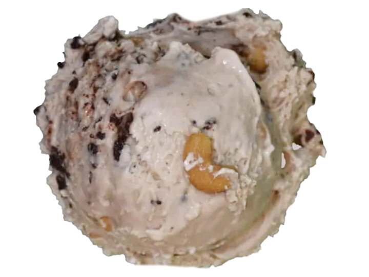 Close-up of a scoop of ice cream with mixed nuts and chocolate chips.