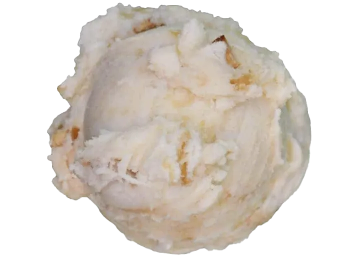A scoop of vanilla ice cream with caramel swirls