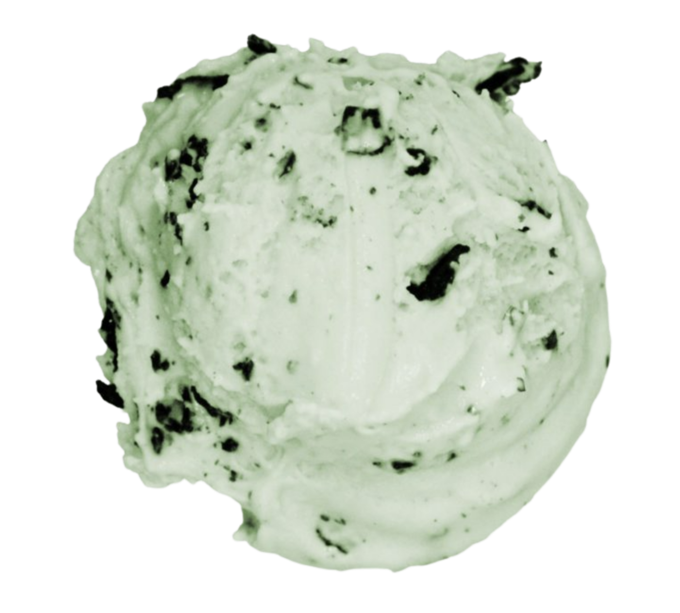 A scoop of mint chocolate chip ice cream with visible chocolate chunks.