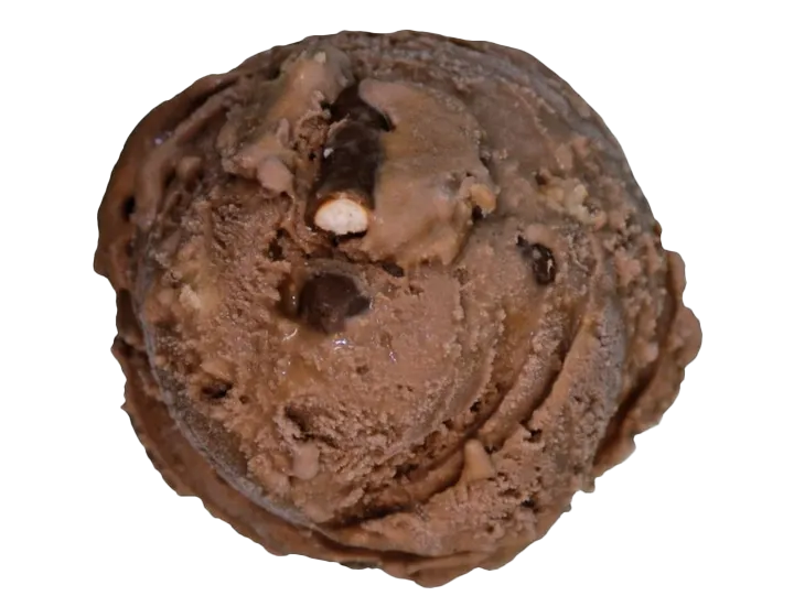 Close-up of a chocolate chip cookie ice cream scoop with chocolate chunks.