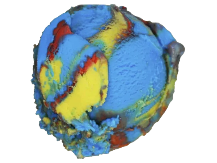 A scoop of colorful, melting ice cream with blue, yellow, red, and brown swirls.