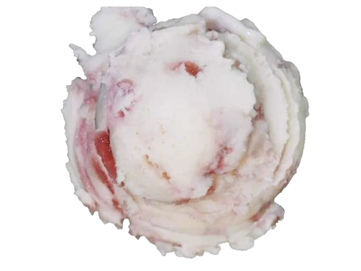 A scoop of strawberry and vanilla swirl ice cream in a cup
