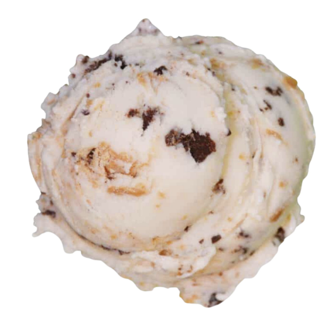 Close-up of a scoop of vanilla ice cream with chocolate chips.