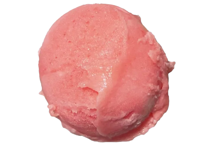 A single scoop of pink-colored ice cream on a white background.