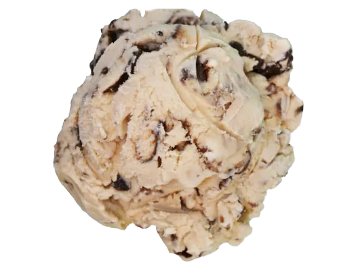 A scoop of cookies and cream ice cream with visible chocolate cookie chunks.