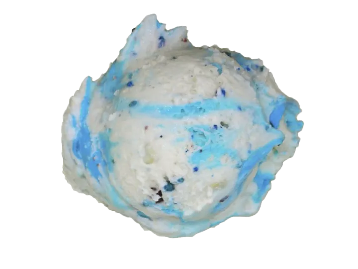 A partially eaten ice cream cone with blue and white ice cream.