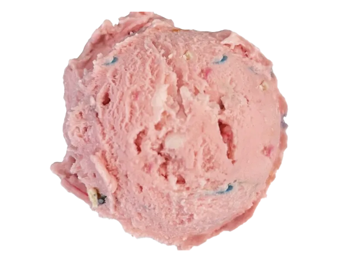 A scoop of pink ice cream with colorful sprinkles.