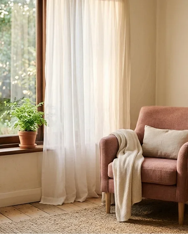 A cozy living room corner with a pink armchair, a cream cushion, and a cream blanket draped over the arm. A window with long white curtains and a potted green plant on the window sill are visible.