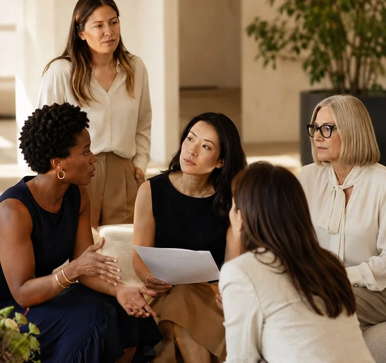 Five women having a serious discussion in a living room.