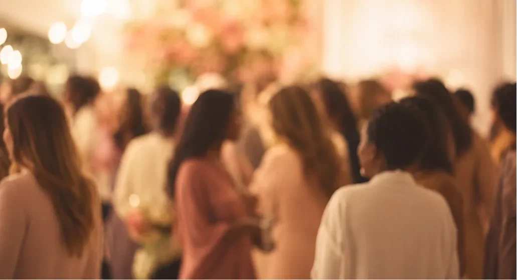 A group of women attending a social event or party, standing and talking in a decorated indoor venue.