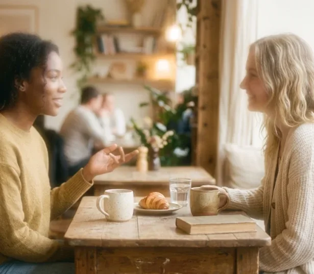 Two women sitting at a wooden table in a cozy cafe, engaging in conversation with coffee cups and a croissant on the table.