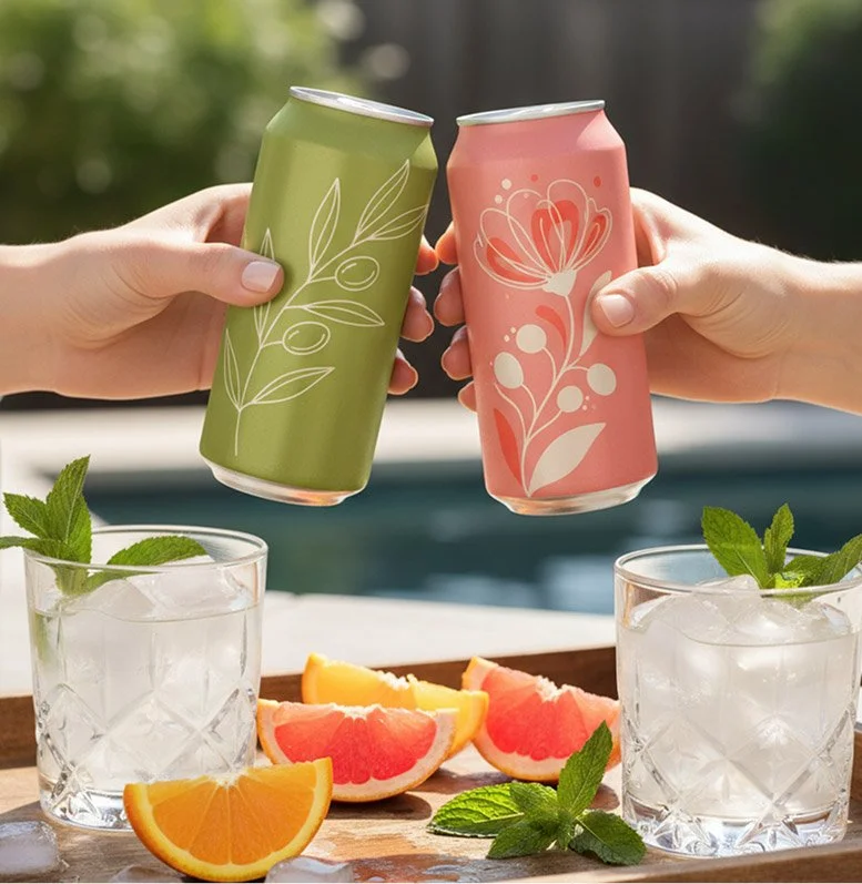 Two hands holding cans of sparkling water with floral designs, with grapefruit slices, mint leaves, and ice-filled glasses in the foreground, outdoors by a pool.