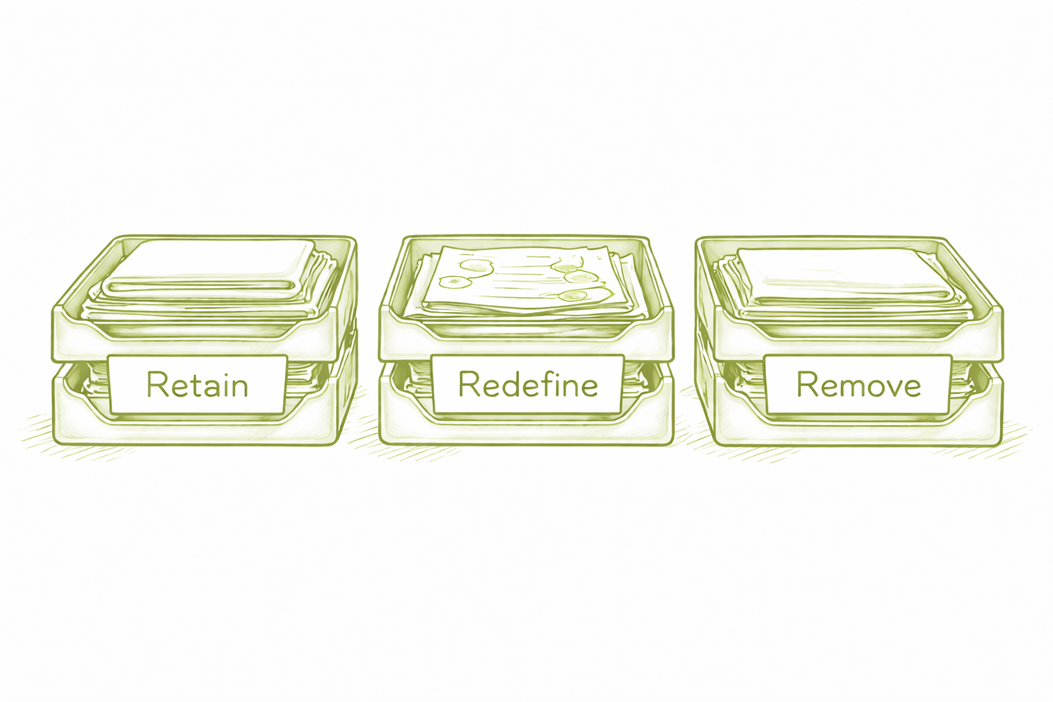 Three desktop document boxes labeled retain, redefine and remove