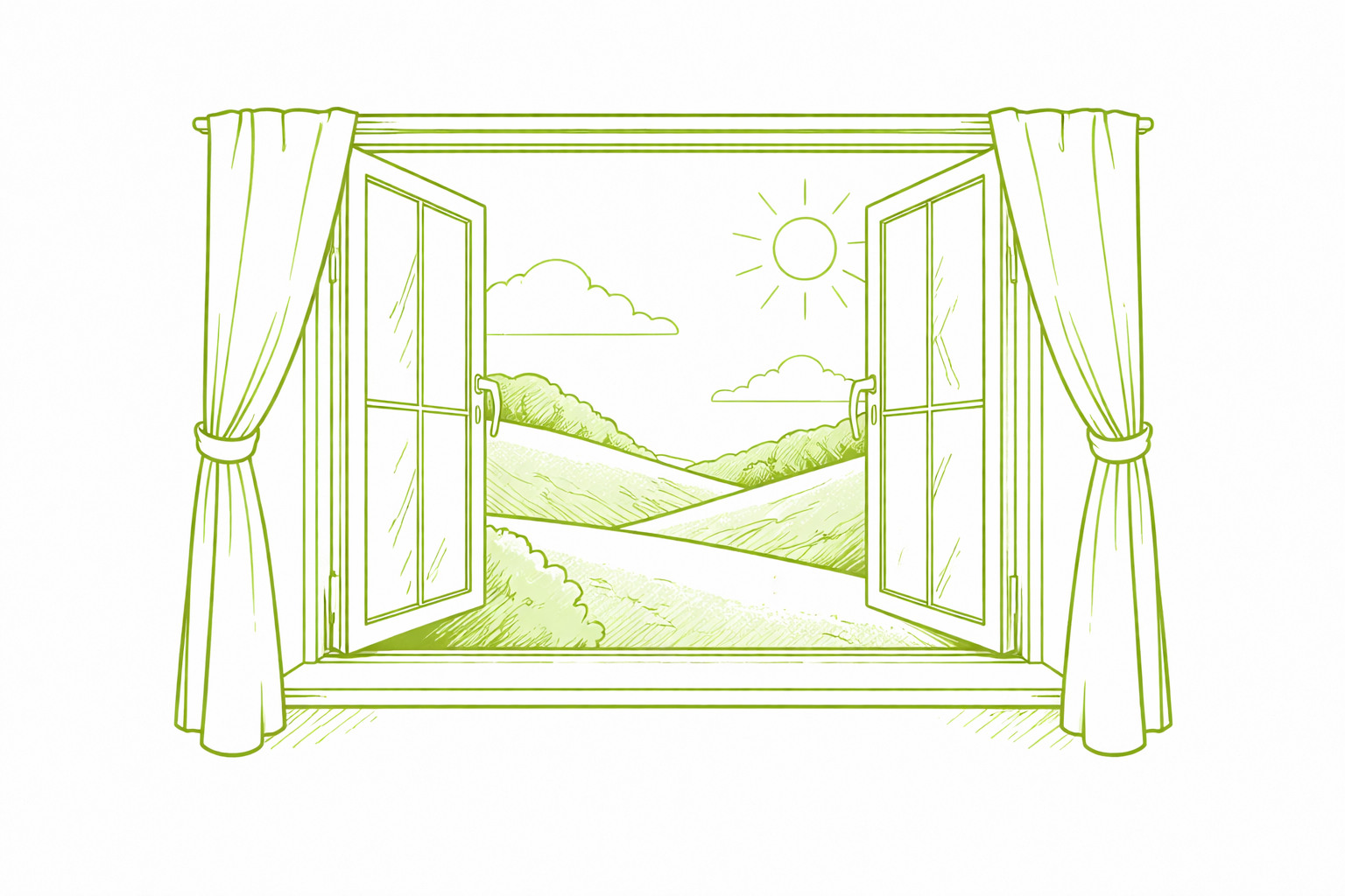Open window with green hills and a bright sun in the background - Pivot Fairy