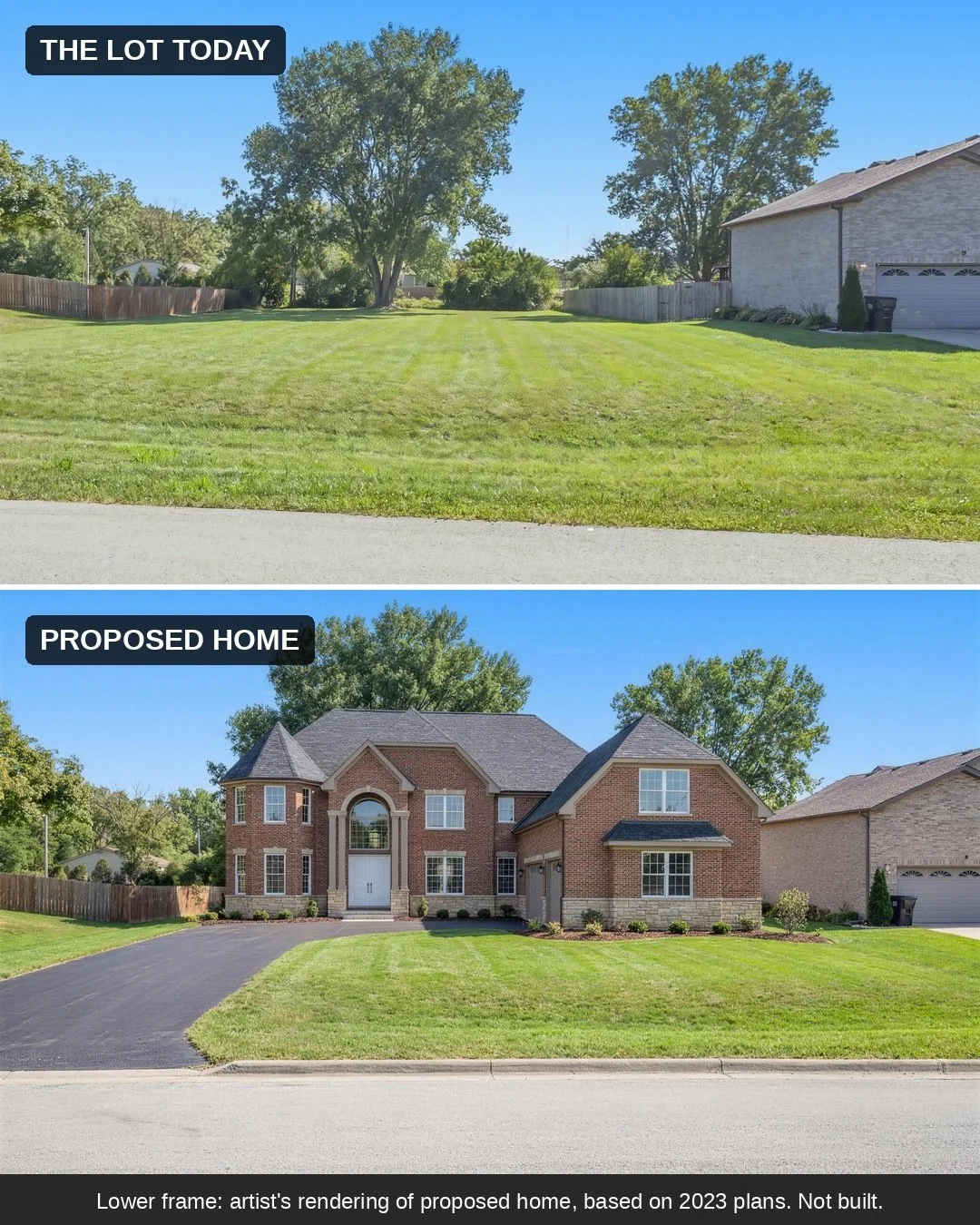 The empty one-acre lot above, and below it the same view with the proposed two-story brick home rendered onto it