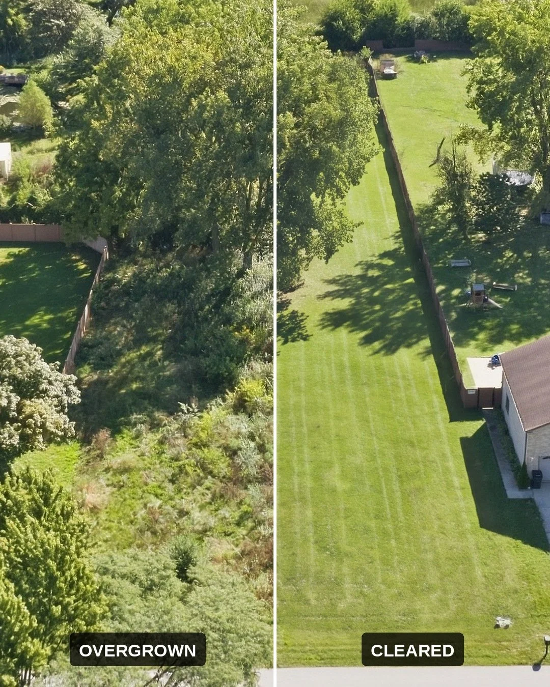 Aerial view of the one-acre lot split down the middle, overgrown brush on the left and freshly mowed lawn on the right