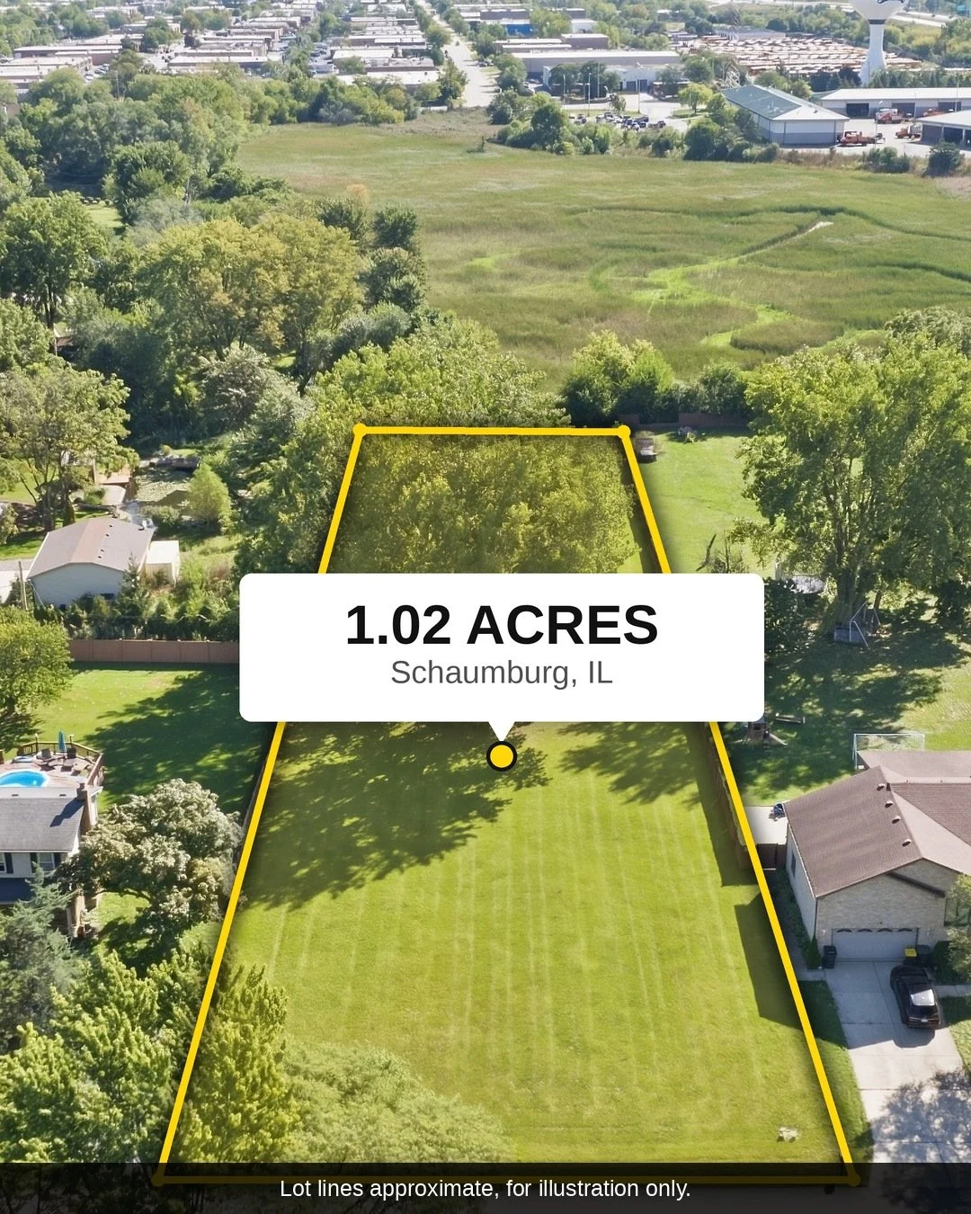 Aerial photo of the lot with a yellow boundary outline and a label reading 1.02 acres, Schaumburg IL