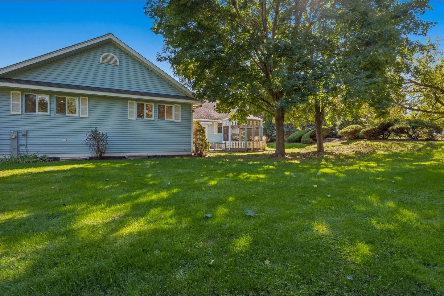 Back lawn with mature evergreens behind a one-story home in Woodstock IL.jpg