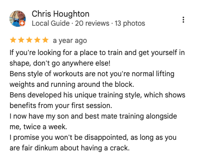 Screenshot of a Google review from Chris Houghton, praising Ben's training style, with five stars and about 13 photos.