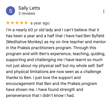 Screenshot of a Google review by Sally Letts, giving five stars and describing her positive experience with the Praksis program and Ben.