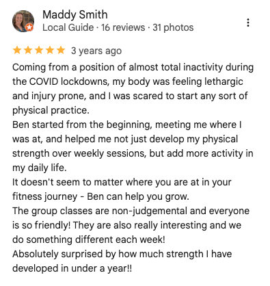 Screenshot of Maddy Smith's positive review on a local guide platform, praising her fitness journey, classes, and personal growth.
