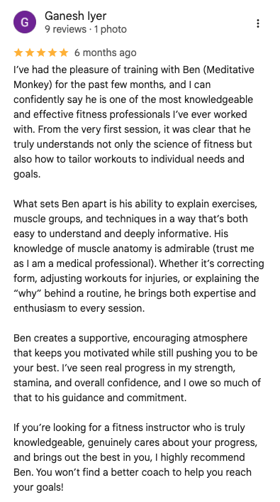 Online review of a fitness trainer named Ben, praising his knowledgeable, personalized training sessions, and supportive coaching style.