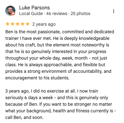 Screenshot of a Google review for Luke Parsons, a local guide, praising trainer Ben for his dedication and expertise.