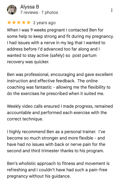 Screenshot of a five-star review by Alyssa B praising her pregnancy and fitness journey with a trainer named Ben. The review highlights her positive experience with the trainer, online coaching, and exercises during her pregnancy.