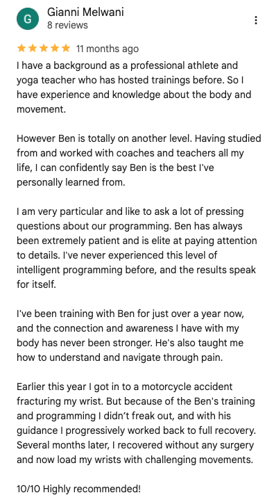 Screenshot of a 5-star review for a personal trainer named Ben, written by Gianni Melwani, praising his coaching, programming, and recovery support.