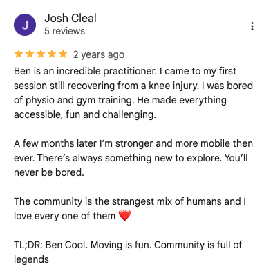 Screenshot of a five-star review from Josh Cleal about a physical therapist named Ben, praising his accessible, fun, and challenging approach, mentioning improved mobility and a strong community.