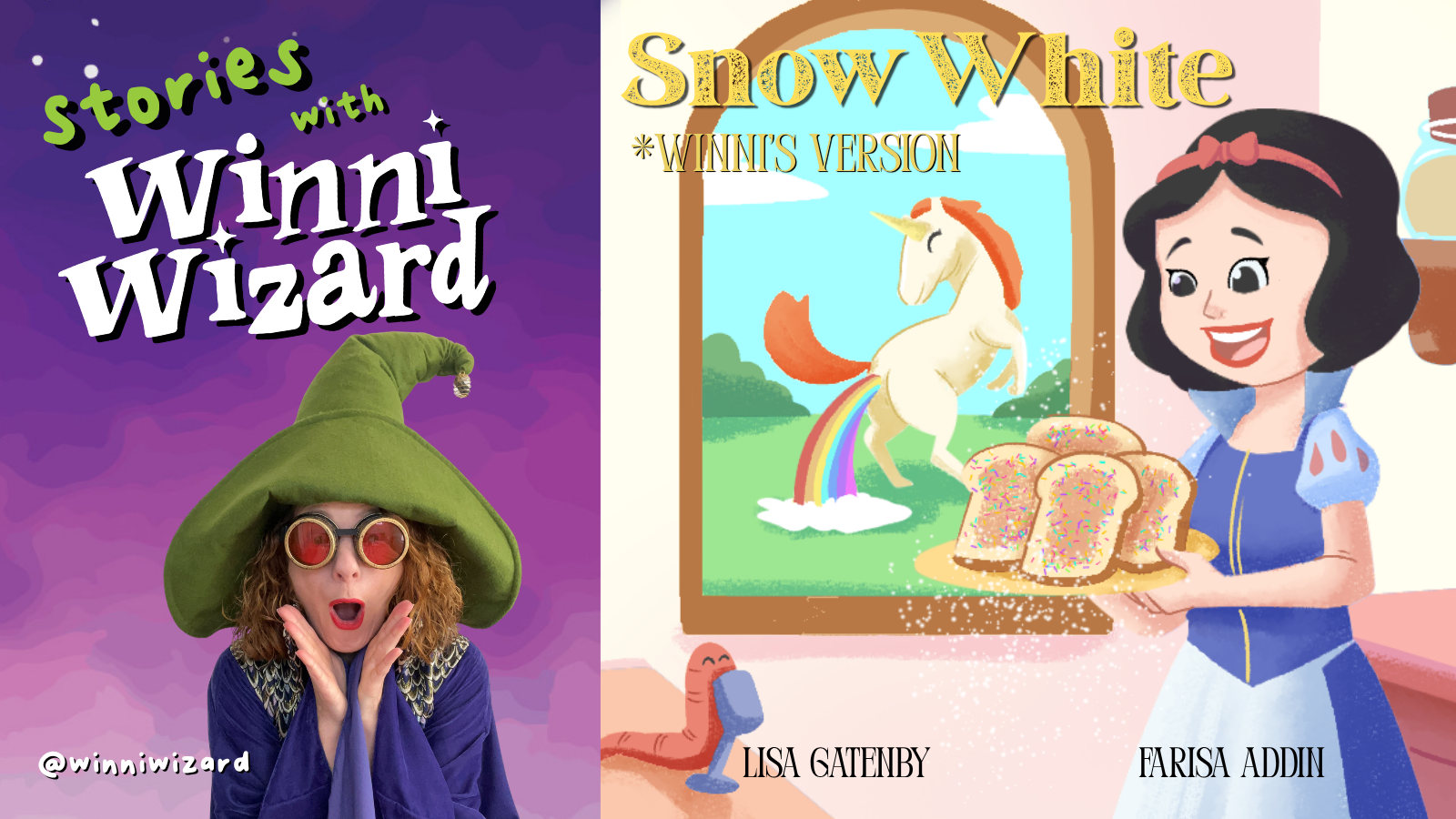 A split image featuring a woman dressed as a wizard with a large green hat and round glasses on the left, and a cartoon illustration of Snow White with a plate of bread and a unicorn with a rainbow behind her on the right.