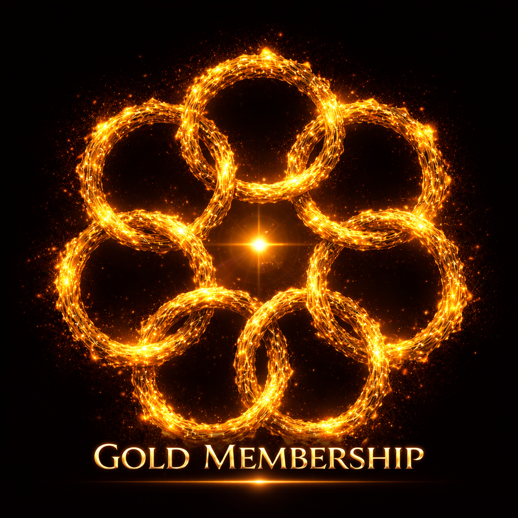 Stylized Olympic rings made of glowing gold with sparks, set against a black background, with the text "Gold Membership" at the bottom.