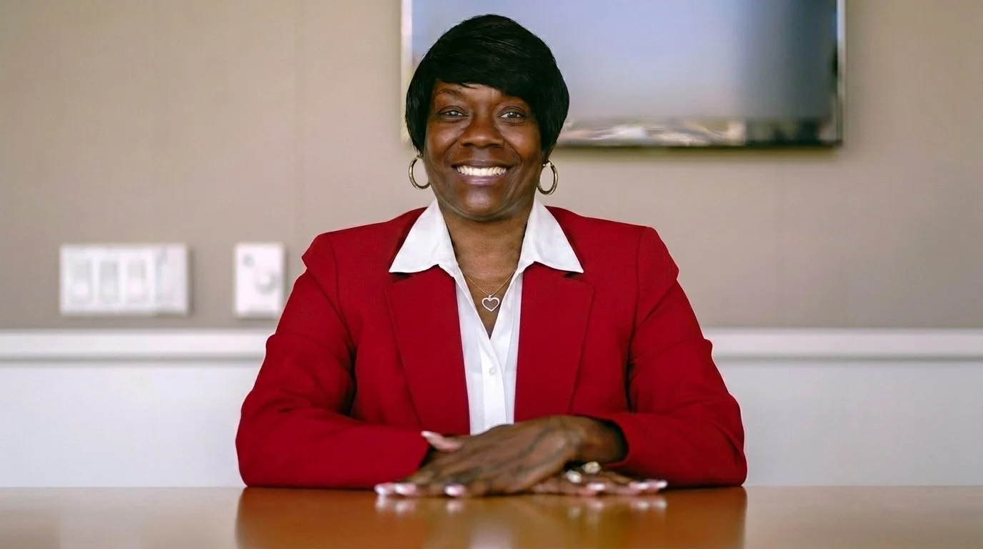 A woman in a red blazer and white shirt sitting at a table, smiling at the camera.