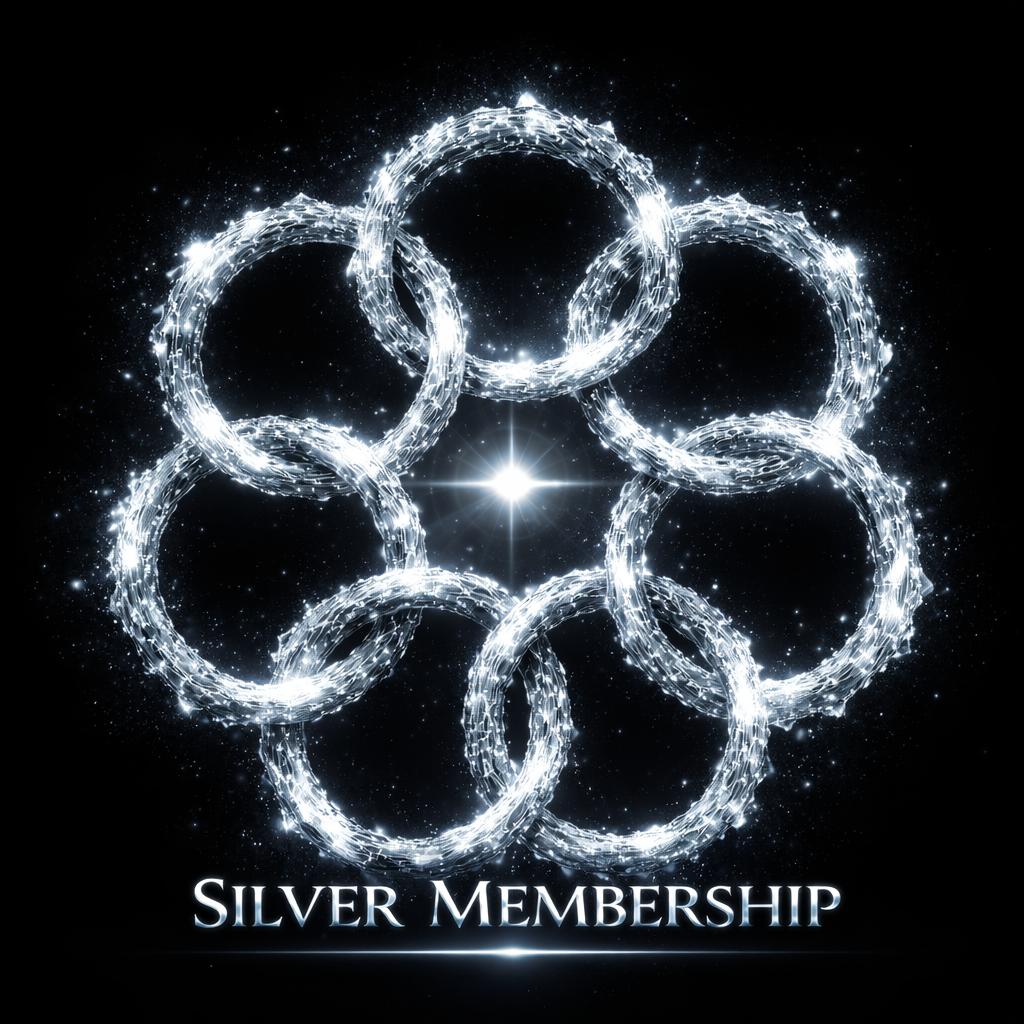Eight interconnected silver rings forming a pattern with a bright star in the center, against a black background with sparkles. Text at the bottom reads 'Silver Membership'.